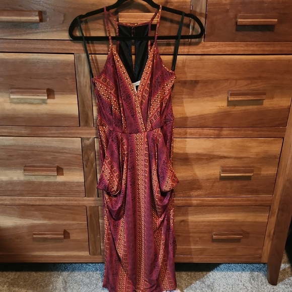 BCBGeneration Red and Black Halter Wrap Midi Dress - Picture 1 of 6